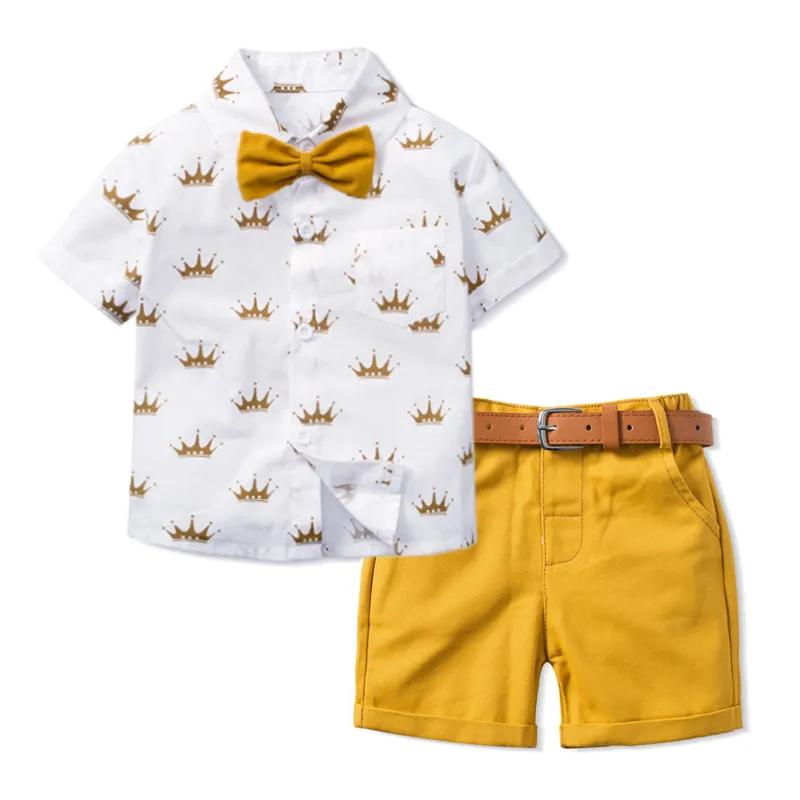 남아용 크라운 프린트 폴로 티셔츠, 흰색 반바지, 노란색 나비 넥타이, 아동복, 남아용 의류, 여름